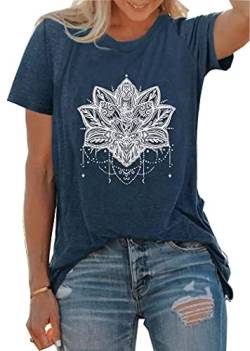 Mandala-Shirt für Damen, Lotusblumen-Grafik, kurzärmelig, lässig, Mandala-T-Shirts, navy, Groß von LLHXRUI