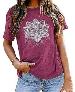 Mandala-Shirt für Damen, Lotusblumen-Grafik, kurzärmelig, lässig, Mandala-T-Shirts, violett, rot, Groß von LLHXRUI