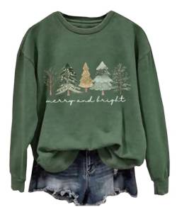 Merry And Bright Weihnachtssweatshirt f?r Damen, lang?rmelig, Weihnachtsbaum, Pullover, Shirt, l?ssig, Weihnachten, Raglan-T-Shirt, Gr?n, S von LLHXRUI
