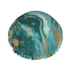 Azurite Duschhaube aus blaugrünem Marmor, doppellagig, wasserdicht, wiederverwendbar, elastisch, für Damen und Herren von LLaviD