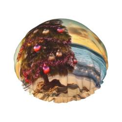 Duschhaube mit Weihnachtsbaum am Strand, doppellagig, wasserdicht, wiederverwendbar, elastisch, für Damen und Herren von LLaviD