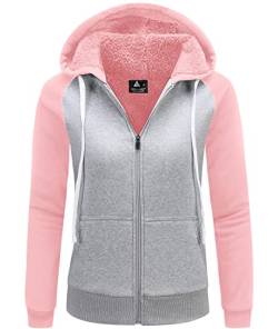 LLdress Fleecejacke Damen Sweatjacke mit Kapuze Hoodie für Frau Kapuzenjacke mit Reißverschluss Basic Kapuzenpullover Winterjack für Outdoor Causal Plüschjack Dunkelrosa Hellgrau 2XL von LLdress