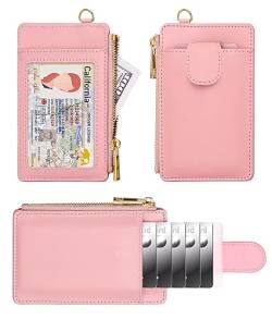 LLi Cufite Kartenetui aus Leder mit Geldfach, Pop-Up-Geldbörse, RFID-blockierend, schlankes Bankkartenetui für 5 Karten und Reißverschlusstasche, Pink von LLi Cufite