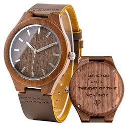 LMWOOD Holzuhr mit Lederarmband Walnuss Holz Uhr Herrenuhr Holzoptik Personalisierte Uhr für Männer Gravur Holz Uhr Ehemann Freund von LMWOOD