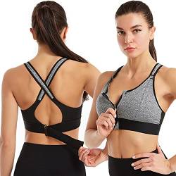 Damen Sport BH ohne bügel Starker Halt Gekreuzt Rücken Reißverschluss vorn Workout Fitness Yoga Bras (L, Grau) von LMYKH