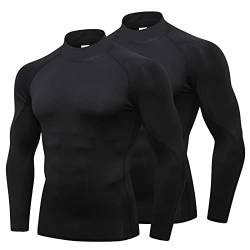 LNFINTDO 2 Pack Compression Tops for Men Long Sleeve Mock Turtleneck Shirts Quick Dry Base Layer Top for Gym Sports Fitness Workout Training, Schwarz, 2 Stück, XL von LNFINTDO