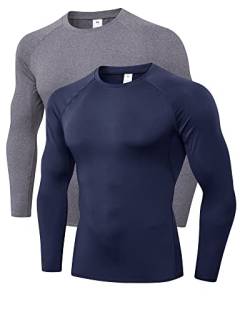 LNJLVI 2er Pack Herren Kompressionsshirt Langarm Funktions Shirt Sportshirt Laufshirt (Navy-Grau,L) von LNJLVI