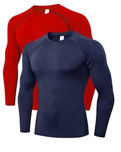 LNJLVI 2er Pack Herren Kompressionsshirt Langarm Funktions Shirt Sportshirt Laufshirt (Navy-Rot,L) von LNJLVI