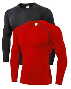LNJLVI 2er Pack Herren Kompressionsshirt Langarm Funktions Shirt Sportshirt Laufshirt (Schwarz-Rot,XL) von LNJLVI
