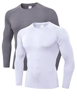 LNJLVI 2er Pack Herren Kompressionsshirt Langarm Funktions Shirt Sportshirt Laufshirt (Weiß-Grau,M) von LNJLVI