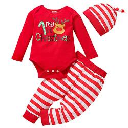 LNL Baby-Weihnachtsoutfits für Jungen und Mädchen meine ersten Weihnachtskostüme Langarm roter Strampler + rote Streifenhose + Mütze 3-teiliges Set 3-6 Monate von LNL