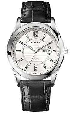 LOBINNI Automatische mechanische Business-Herrenuhr für Herren, analoge Armbanduhr für Herren, Edelstahl, Freizeituhr, Silber-Weiß-L, Mechanisch von LOBINNI