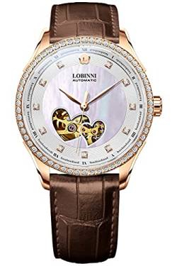 LOBINNI Damen Skelett Edelstahl Automatik Mechanisch Mode Analog Diamant Luxus Uhr Elegant Weihnachten Valentinstag, Braun von LOBINNI