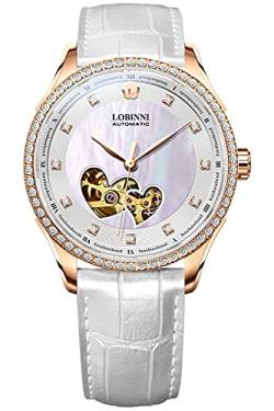 LOBINNI Damen Skelett Edelstahl Automatisch Mechanische Mode Analog Diamant Luxus Uhr Elegant Weihnachten Valentinstag, Weiss/opulenter Garten von LOBINNI