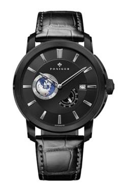 LOBINNI Herren-Armbanduhr, Edelstahl, automatisch, mechanisch, wasserdicht, modisch, luxuriöses Lederband, Schwarz - Leder von LOBINNI