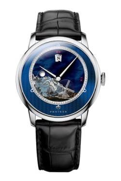 LOBINNI Herren-Armbanduhr, automatisch, mechanisch, modisch, luxuriös, wasserdicht, Lederarmband/Edelstahl, Silber-Blau-Blau von LOBINNI