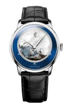 LOBINNI Herren-Armbanduhr, automatisch, mechanisch, modisch, luxuriös, wasserdicht, Lederarmband/Edelstahl, Silber-Blau-Schwarz von LOBINNI