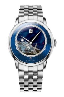 LOBINNI Herren-Armbanduhr, automatisch, mechanisch, modisch, luxuriös, wasserdicht, Lederarmband/Edelstahl, Silber-Blau-Stahl von LOBINNI