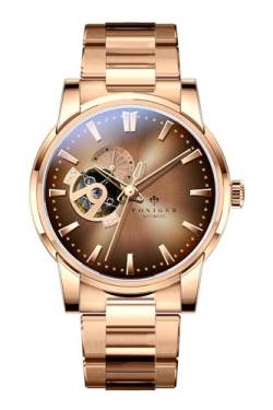 LOBINNI Herren-Armbanduhr, mechanisch, automatisch, wasserdicht, modisch, luxuriös, Edelstahl/Lederband, Gold, Braun, Gold von LOBINNI