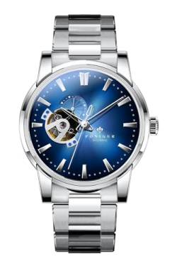 LOBINNI Herren-Armbanduhr, mechanisch, automatisch, wasserdicht, modisch, luxuriös, Edelstahl/Lederband, Silber, Blau, Silber von LOBINNI