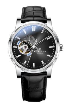LOBINNI Herren-Armbanduhr, mechanisch, automatisch, wasserdicht, modisch, luxuriös, Edelstahl/Lederband, Silber, Schwarz, Schwarz von LOBINNI