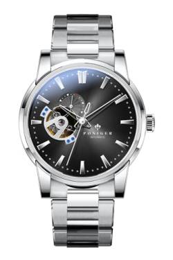 LOBINNI Herren-Armbanduhr, mechanisch, automatisch, wasserdicht, modisch, luxuriös, Edelstahl/Lederband, Silber, Schwarz, Silber von LOBINNI