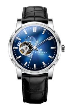 LOBINNI Herren-Armbanduhr, mechanisch, automatisch, wasserdicht, modisch, luxuriös, Edelstahl/Lederband, Silber-Blau-Schwarz von LOBINNI
