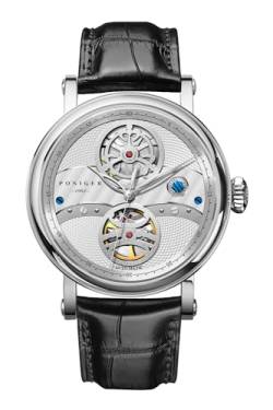 LOBINNI Herren-Armbanduhr, mechanisch, automatisch, wasserdicht, modisch, luxuriös, Lederarmband, Schwarz/Silber von LOBINNI