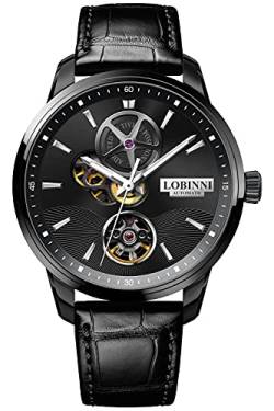 LOBINNI Herren-Armbanduhr, schwarz, Stahl, luxuriös, Skelett, automatisch, mechanisch, analog, modisch, Business, Casual, Schwarz-Silber-Schwarz, Mechanisch von LOBINNI