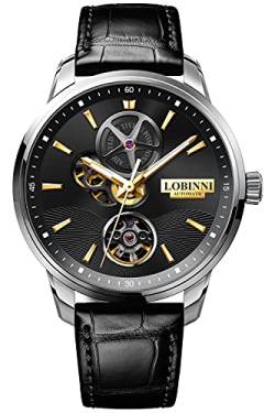 LOBINNI Herren-Armbanduhr, schwarz, Stahl, luxuriös, Skelett, automatisch, mechanisch, analog, modisch, Business, Casual, Silber-Gold-Schwarz, Mechanisch von LOBINNI