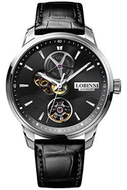 LOBINNI Herren-Armbanduhr, schwarz, Stahl, luxuriös, Skelett, automatisch, mechanisch, analog, modisch, Business, Casual, Silber-silber-schwarz, Mechanisch von LOBINNI