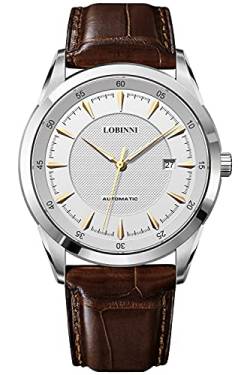 LOBINNI Herren-Armbanduhr, ultradünn, Edelstahl, automatisch, mechanisch, analog, Business, Freizeit, Mode, Luxus-Marke, Weißgold-L, Mechanisch von LOBINNI