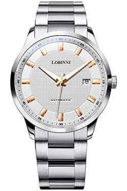 LOBINNI Herren-Armbanduhr aus Edelstahl, mechanisch, automatisch, Kalender, luxuriös, analog, Silber-rosé, Analoge Uhr, mechanisch von LOBINNI