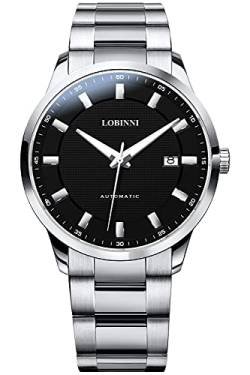 LOBINNI Herren-Armbanduhr aus Edelstahl, mechanisch, automatisch, Kalender, luxuriös, analog, silberfarben / Schwarz von LOBINNI