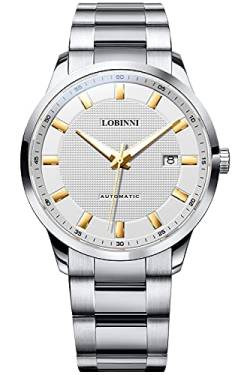 LOBINNI Herren-Armbanduhr aus Edelstahl, mechanisch, automatisch, Kalender, luxuriös, analoge Uhr (Silber-Gold) von LOBINNI