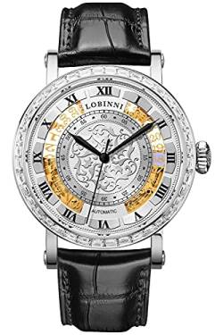 LOBINNI Herren-Armbanduhr mit blauem Zifferblatt und mechanischem Kalender, luxuriös, Business- und Freizeituhr Silber-Weiß-B von LOBINNI