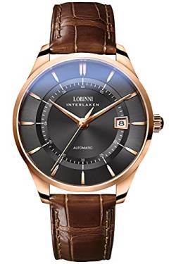 LOBINNI Herren Edelstahl Kleid Mechanische Automatik Kalender Luxus Analog Armbanduhr, Rosé-Schwarz-L, Analoguhr, mechanisch von LOBINNI