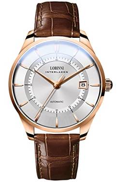 LOBINNI Herren Edelstahl Kleid Mechanische Automatik Kalender Luxus Analog Armbanduhr, Rosé-Weiß-L, Analoguhr, mechanisch von LOBINNI