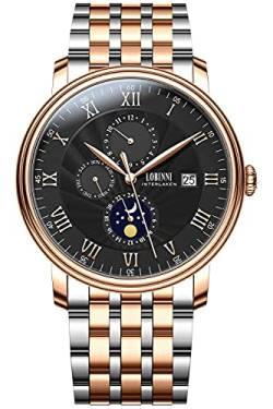 LOBINNI Herren Mondphase Automatische Mechanische Leder Wasserdicht Top Marke Luxus Echte Kalender Uhr, Rose-Black, Mechanisch von LOBINNI