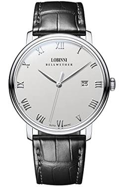 LOBINNI Herrenuhr Townsman aus Edelstahl und Leder, lässig, automatisch, mechanisch, modisch, luxuriös, Silber-Weiß-Schwarz, Mechanisch von LOBINNI