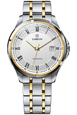 Lobinni Herren-Armbanduhr, Edelstahl, mechanisch, automatisch, analog, luxuriös, Kleid, Kalender, Business-Uhren, gold, Mechanisch von LOBINNI