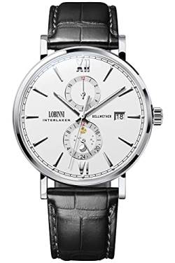 Lobinni Herren-Armbanduhr, Edelstahl, mechanisch, automatisch, luxuriös, analog, Silber-Weiß-L von LOBINNI