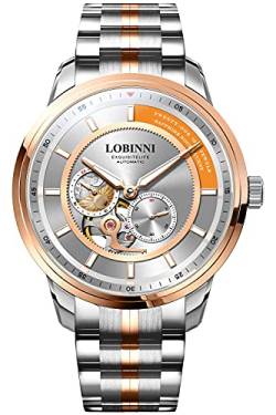 Lobinni Herren-Armbanduhr, Edelstahl, wasserdicht, Datumsanzeige, analog, mechanische Armbanduhr, Business, Freizeit, Mode, Stahl rosa-weiß, Mechanisch von LOBINNI