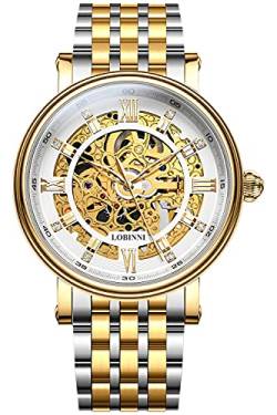 Lobinni Herren-Armbanduhr, goldenes Skelett-Diamant, mechanisch, automatisch, analog, luxuriös, modisch, Business-, Gold / Weiß, Armband von LOBINNI