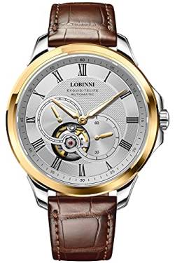 Lobinni Herren-Armbanduhr, mechanisch, Edelstahl, modisch, modisch, modisch, für Business und Freizeit, Gold / Weiß, Mechanisch von LOBINNI