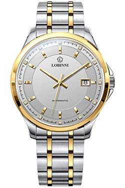 Lobinni Herren-Armbanduhr, mechanisch, automatisch, analog, luxuriös, modisch, Kalender, Business-Uhren, Gold / Weiß, Armband von LOBINNI