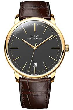 Lobinni Herren-Armbanduhr, ultradünn, automatisch, mechanisch, Edelstahl, Kalender, modisch, Business, Casual, Gold-Schwarz-L, Armband von LOBINNI