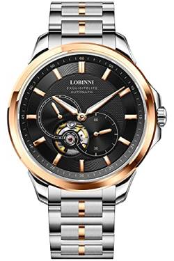 Lobinni Herren Business Casual Automatik Mechanische Edelstahl Kalender Mode Top Marke Armbanduhr, Rose-Black, Mechanisch von LOBINNI