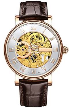 Lobinni Herren Golden Skelett Automatisch Mechanisch Edelstahl Band Kalender Mode Kleid Luxus Armbanduhr, Rosé-Weiß-L, Mechanisch von LOBINNI
