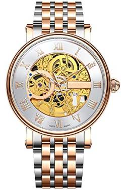 Lobinni Herren Golden Skelett Automatisch Mechanisch Edelstahl Band Kalender Mode Kleid Luxus Armbanduhr, roséweiß, Mechanisch von LOBINNI